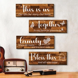 Set of 4 vintage farmhouse wooden wall signs with rustic home decor and cursive art font