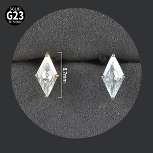 Macro shot of G23 titanium rhombus stud earrings with clear zircon stones in 8.7mm size