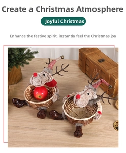 Detail of Christmas reindeer woven bamboo basket with plush deer and red sequin hat