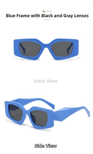 Front and side view of trendy blue polygon sunglasses with dark grey UV lenses