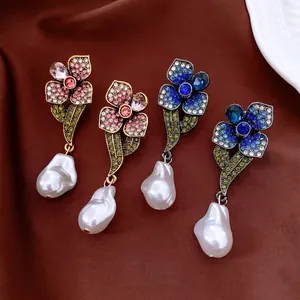 Boucles D'oreilles Pendantes Fleur Künstliche Perle Avec Strass Et Tige En Argent Style Palais Français Rétro Bijoux Élégants