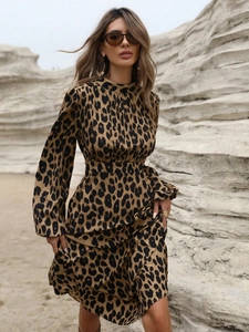 Elegant leopard print long sleeve maxi dress with cinched waist and stand collar
