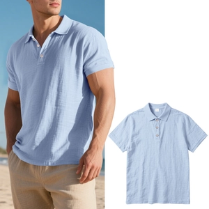 Detail of light blue linen polo shirt showing breathable texture and button-down collar