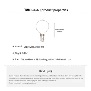 Detailed size chart for bow tassel pendant necklace with copper and rhinestone materials