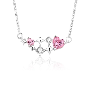 925 silver heart necklace with pink stone and star pendant on mirror background