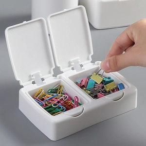 Minimalist white plastic desktop organizer box with dual lids for cotton pads and clips