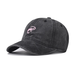 Washed Cotton Baseball Cap Retro Distressed Dad Hat Pink Shrimp Scorpion Embroidery Adjustable Curved Brim Outdoor Streetwear