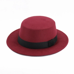 Classic burgundy flat top wool felt boater hat with black ribbon band for adults