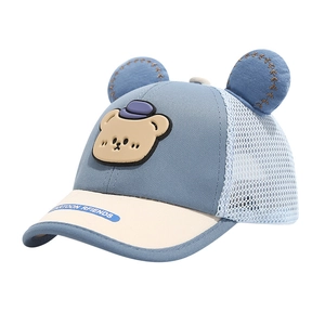 Toddler mesh baseball cap with cartoon bear patch and cute 3D ears in light blue and beige