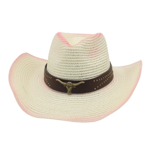 Women's woven straw cowboy hat in cream and pink gradient with bull head leather band