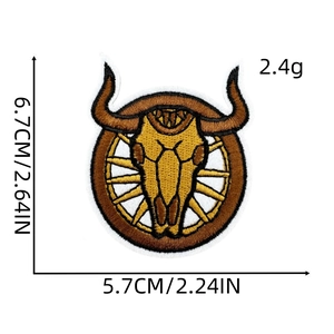 Detail showing dimensions of cowboy bull skull and wheel embroidery patch for clothing