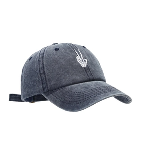 Washed dark grey baseball cap with skeleton hand embroidery and adjustable back strap