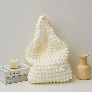 Popcorn Fabric Tote Shoulder Bag Polyester Bubble Texture Pleated Large Capacity Daily Casual Korean Style For Women