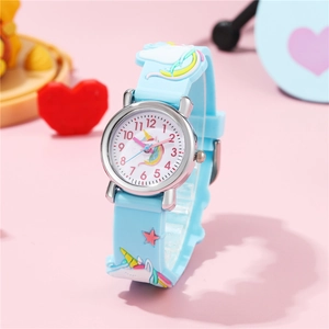 Kids quartz watch with light blue silicone strap and 3D unicorn star relief pattern