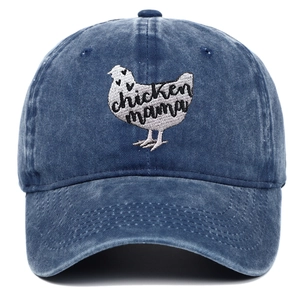 Classic washed blue cotton baseball cap featuring a white chicken mama embroidery design