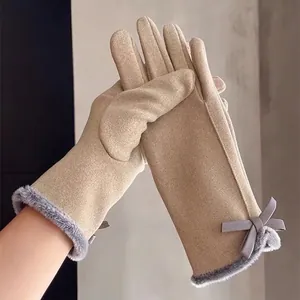 Women Winter Warm Gloves Touchscreen De-Velvet Faux Fur Trim Bow Sweet Korean Style Thick Fleece Lined