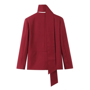 Fashionable dark red suit jacket with scarf collar tie design for women in plain white background