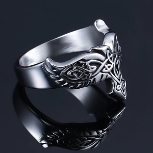 Vintage Viking eagle totem ring in silver stainless steel with intricate Nordic engraving
