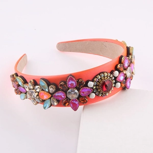 Baroque orange headband with hand-stitched colorful rhinestones for party hair accessory
