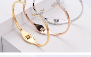 Three-color fishtail cuff bracelets with rhinestones in gold, rose gold, and silver