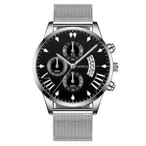 Men's silver mesh band watch with black chronograph dial and date window display
