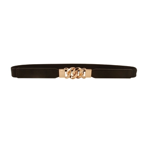 Elastic dark brown waist belt with golden multi-link chain buckle on white background