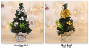 Detail of 20cm mini Christmas trees with burlap base in gold and silver styles