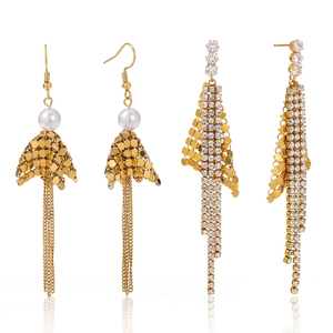 Vintage 18K gold plated stainless steel scale tassel earrings with pearls and zircons