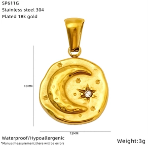 Detail of 18K gold plated stainless steel celestial star moon pendant with zircon