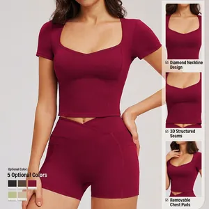 Women's two-piece yoga set with V-neck short sleeve crop top and high waist sports shorts