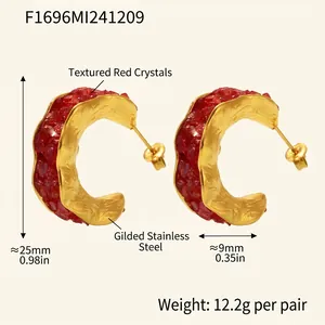 Macro detail of gold PVD stainless steel C-shape earrings with red crystals and dimensions