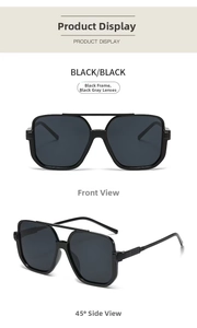 Detail view of retro brown semi-rimless sunglasses with black frames and grey lenses