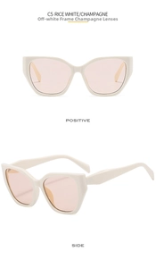 Detailed views of rice white cat-eye sunglasses with champagne lenses and thick frames
