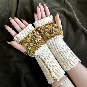Cream knit fingerless gloves for women with colorful butterfly crochet patterns