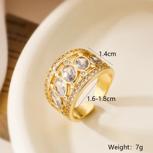 Detail view of gold-plated ring showing 1.4cm width and 1.6-1.8cm diameter specifications