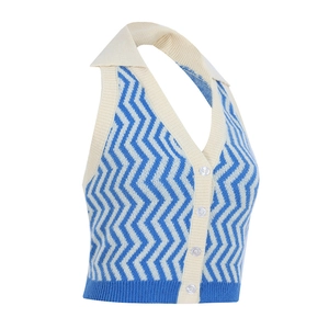 Dettaglio della trama a maglia a zigzag blu e bianca sul top a lupetto