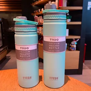Detail of mint green stainless steel water bottles in 530ml and 750ml sizes with carry lid
