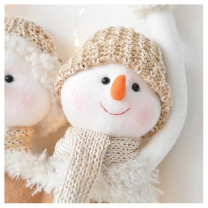 Detail of Christmas snowman plush ornament with knitted hat and orange carrot nose