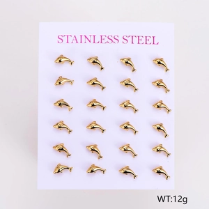 Detailed set of 12 pairs of dolphin shaped stainless steel stud earrings in gold finish