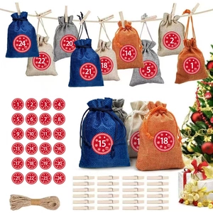 Christmas advent calendar kit with 24 burlap bags, numbered stickers, clips, and hemp rope