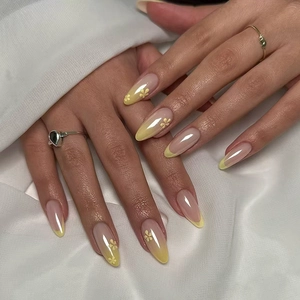 Almond Press On Nails Yellow Nude Gradient French Artificial False Nails Flower Pattern Elegant Manicure Accessory For Women