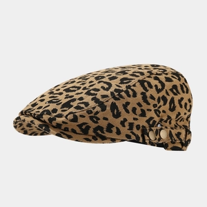 Retro leopard print flat cap with bronze rivets on thick textured fabric for a vintage look