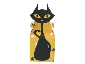 Detail showing a Halloween black cat paper candy box with skull pattern and ear handles