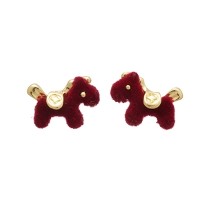 Velvet burgundy horse stud earrings with gold accents and silver needle posts