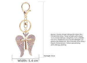 Detailed size specifications for gold angel wings keychain with rhinestones and cross