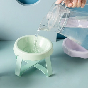 Elevated ceramic cat bowl set with stable X-shaped stand for neck protection in green