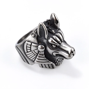 Vintage punk Anubis jackal stainless steel ring with antique silver finish for men