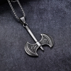 Vintage stainless steel Viking double axe pendant necklace with geometric textures