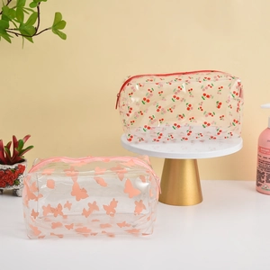 Trousses de toilette transparentes en PVC étanche avec motifs cerises et papillons