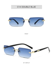 Front and 45-degree angle views of rimless rectangular sunglasses with double blue gradient lenses